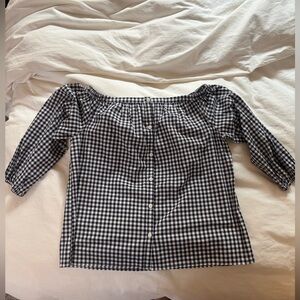 Navy Blue and White Gingham Off-Shoulder Top